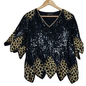 Razzle Dazzle Top Blouse Sequins Beaded Black Gold Preppy Cocktail Party Size 14